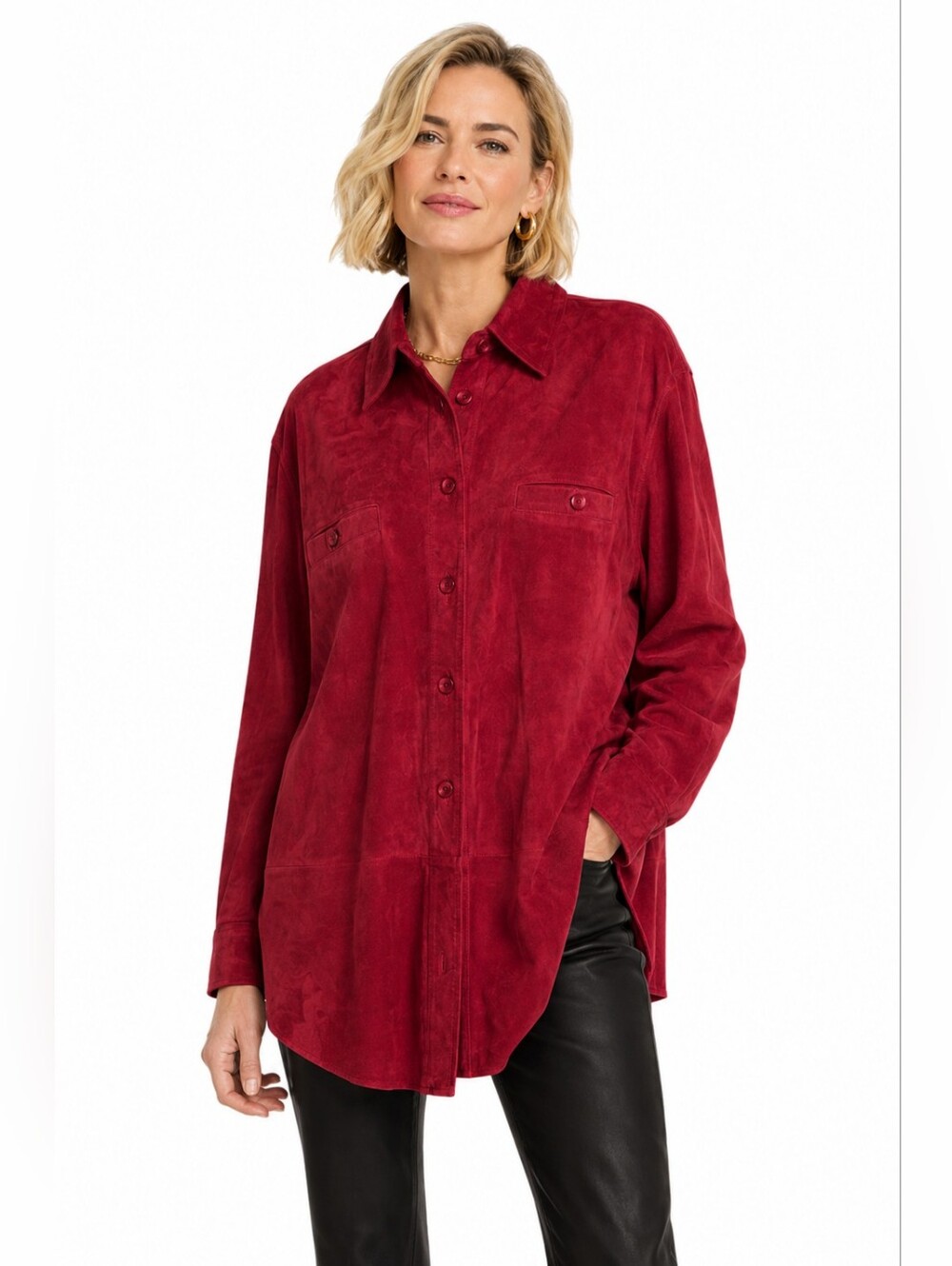 Margaret Godfrey Red Leather Shirt Jacket Button Front Vintage L